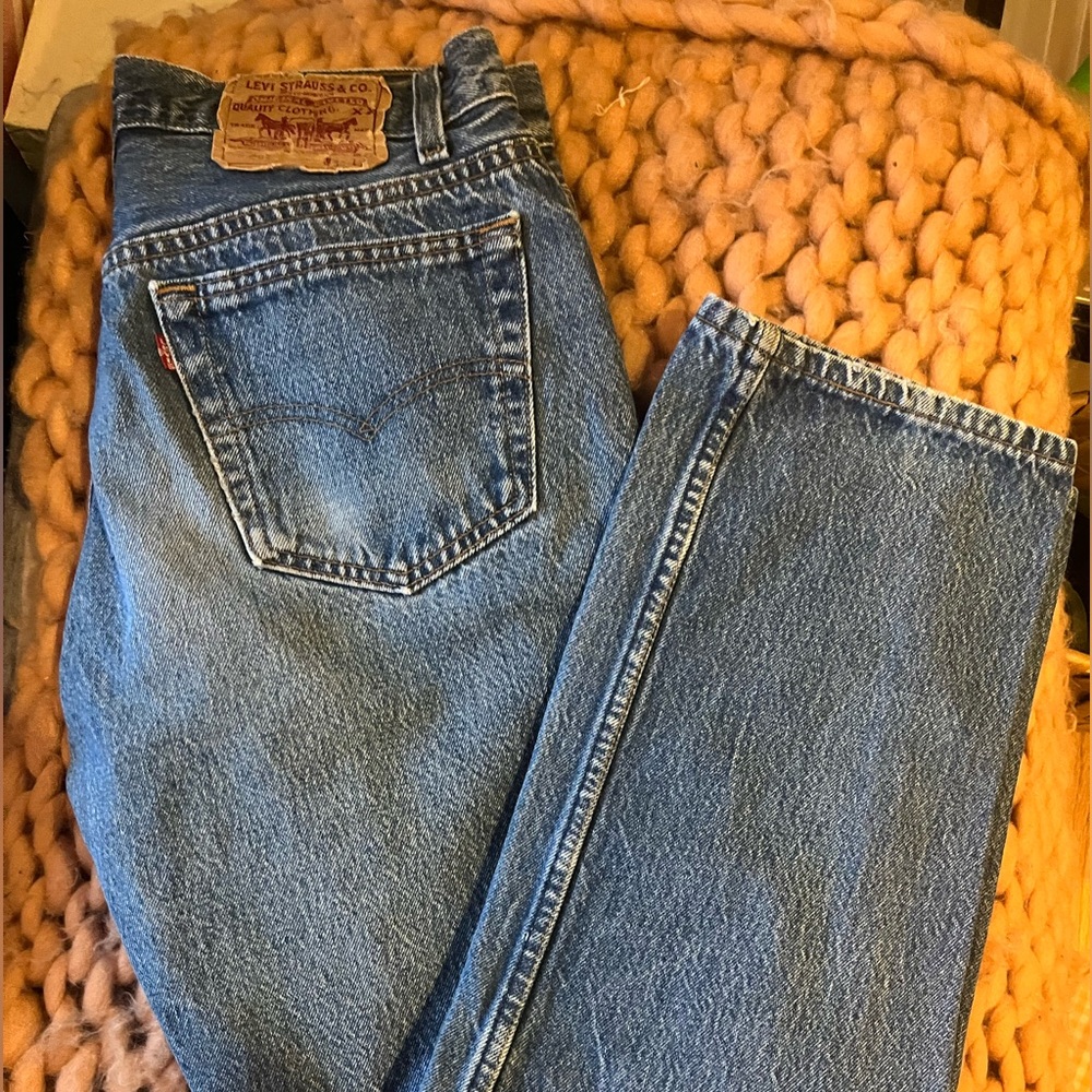 LEVI’s 501 high rise dark wash straight leg denim jeans